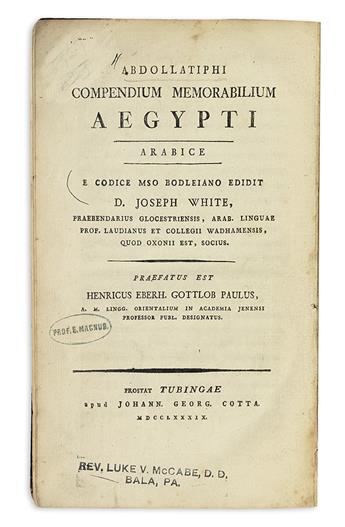 TRAVEL  ABD AL-LATIF AL-BAGHDADI. Compendium memorabilium Aegypti. 1789 + ABU AL-FIDA ISMAIL IBN ALI. Descriptio Aegypti. 1776